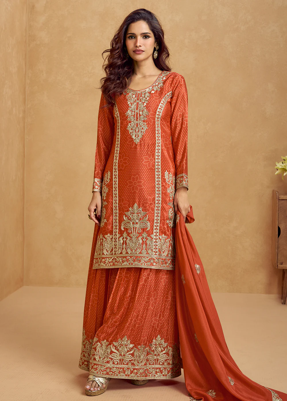 Orange Embroidered Palazzo Dress for Festival & Wedding