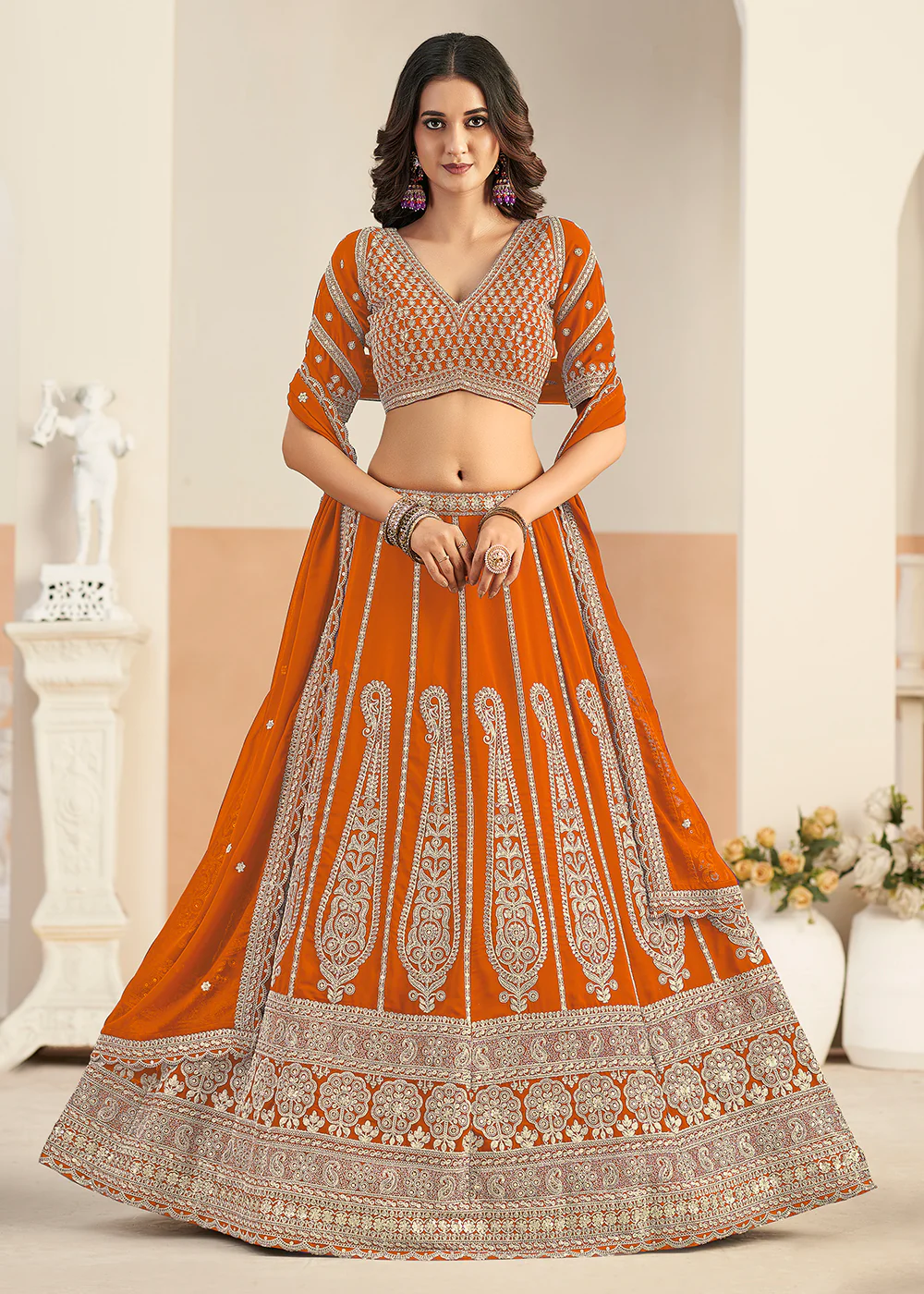 Orange Faux Georgette Embroidery Lehenga Choli
