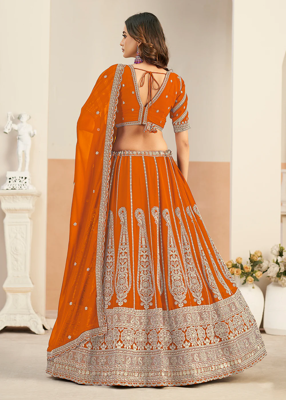 Orange Faux Georgette Embroidery Lehenga Choli - Image 3