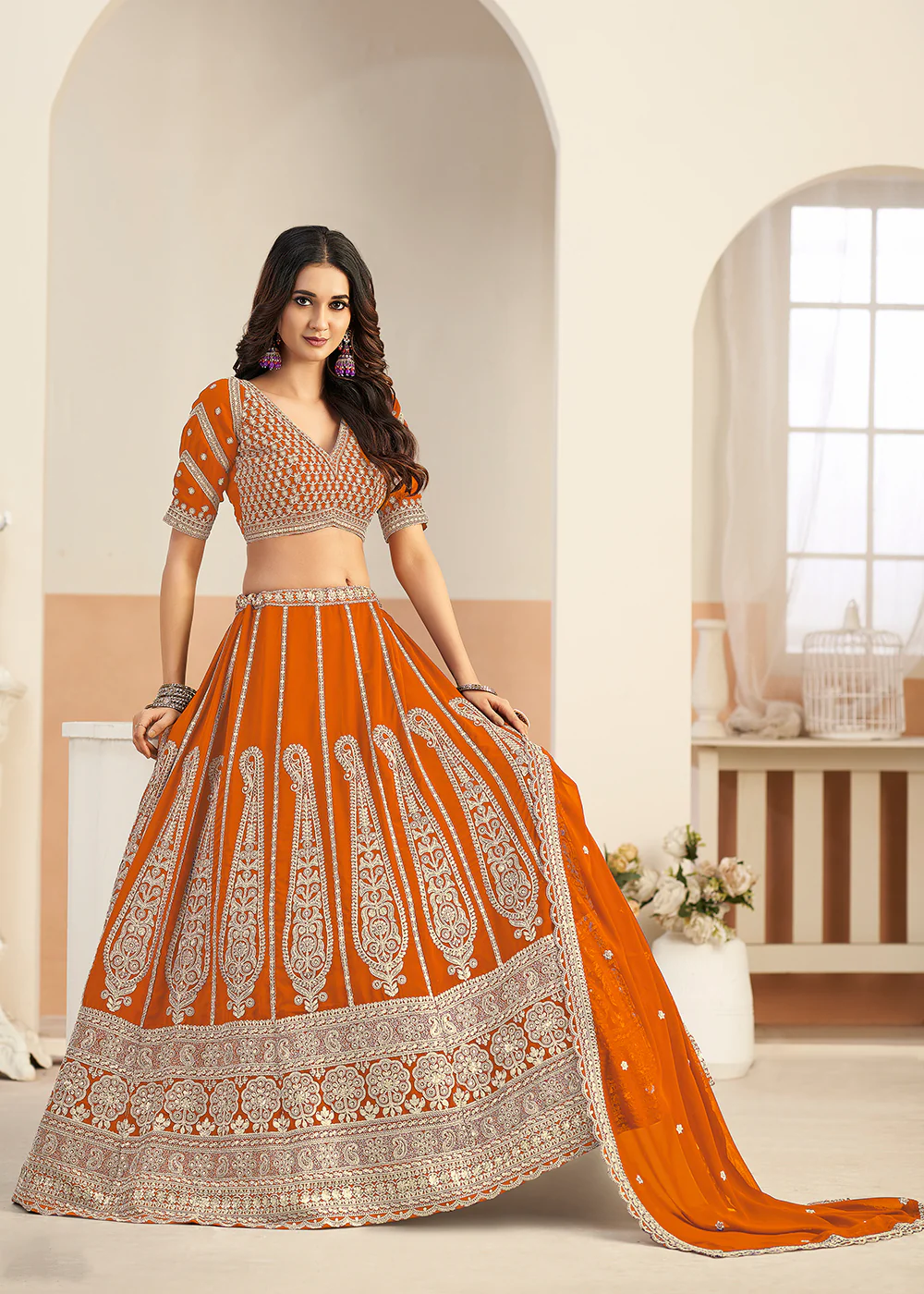 Orange Faux Georgette Embroidery Lehenga Choli - Image 4