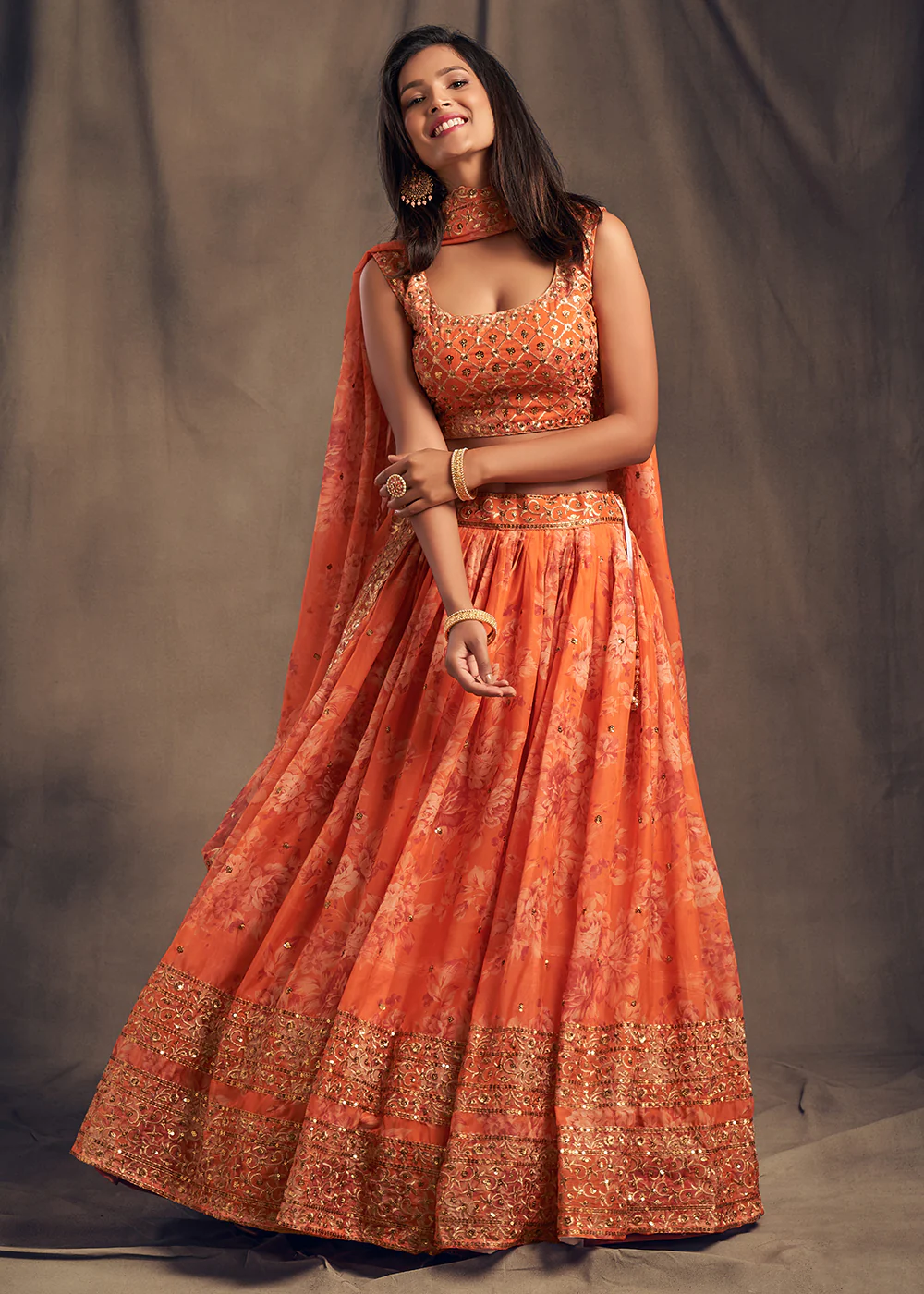 Orange Floral Embroidered Organza Wedding Lehenga Choli - Image 4