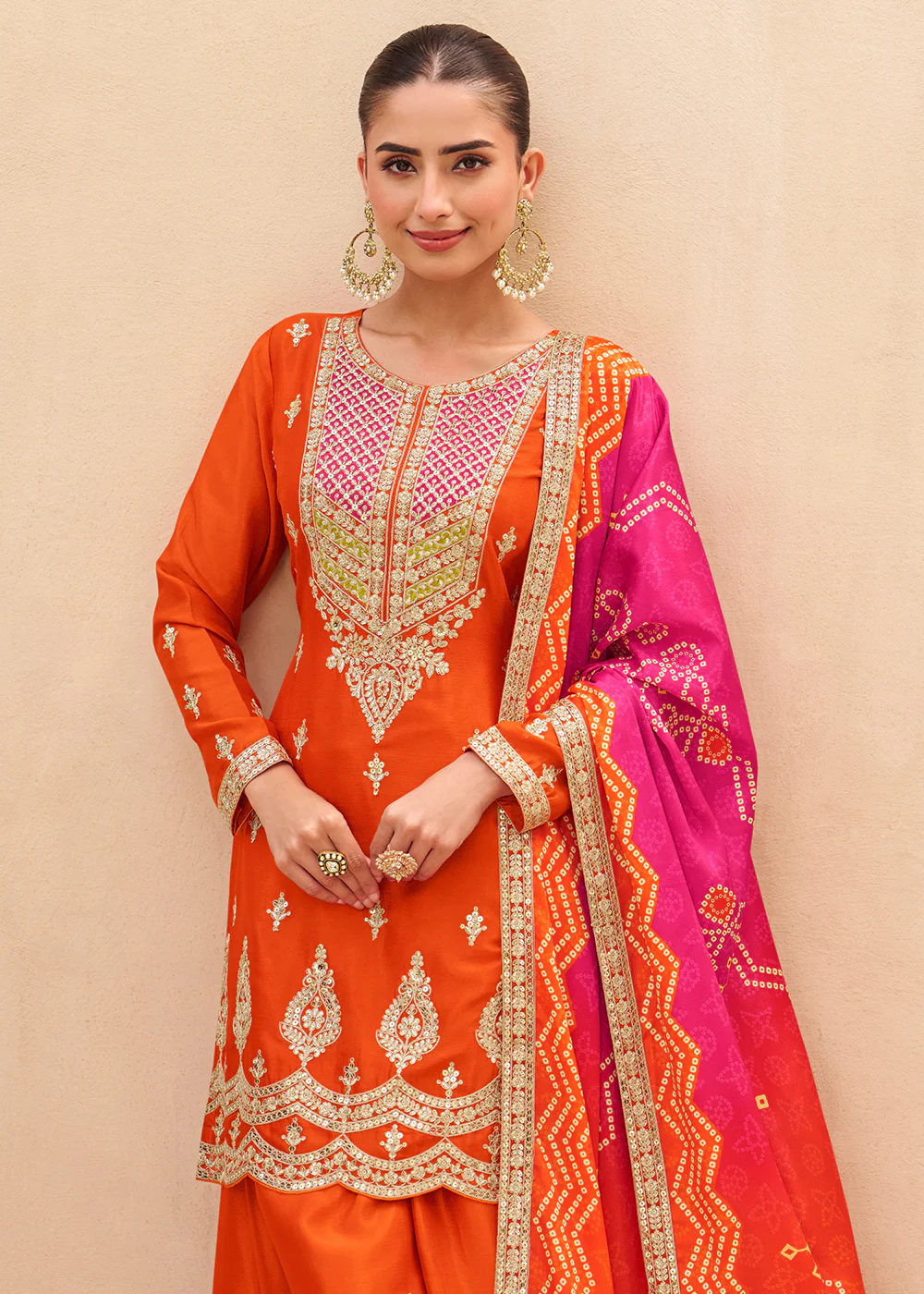 Orange Function & Festive Wear Palazzo Style Suit - Image 2