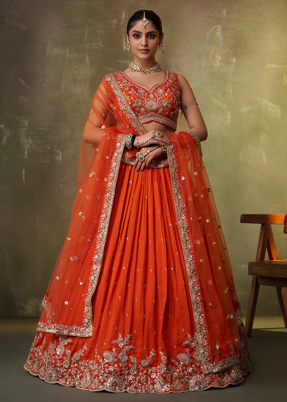 Orange Georgette Embroidered Wedding Lehenga Choli