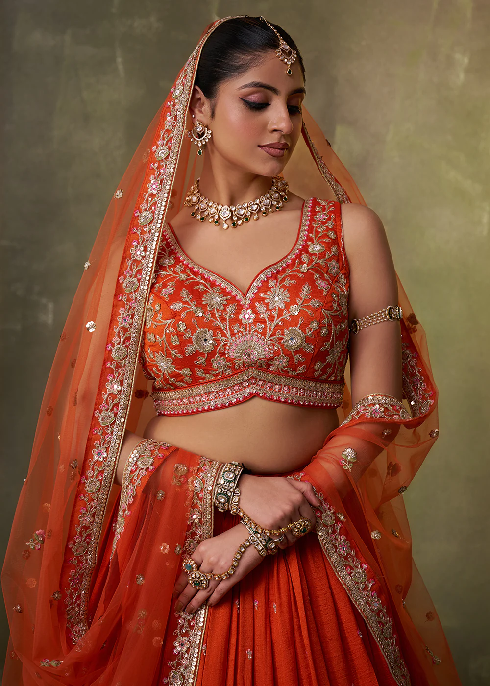Orange Georgette Embroidered Wedding Lehenga Choli - Image 2