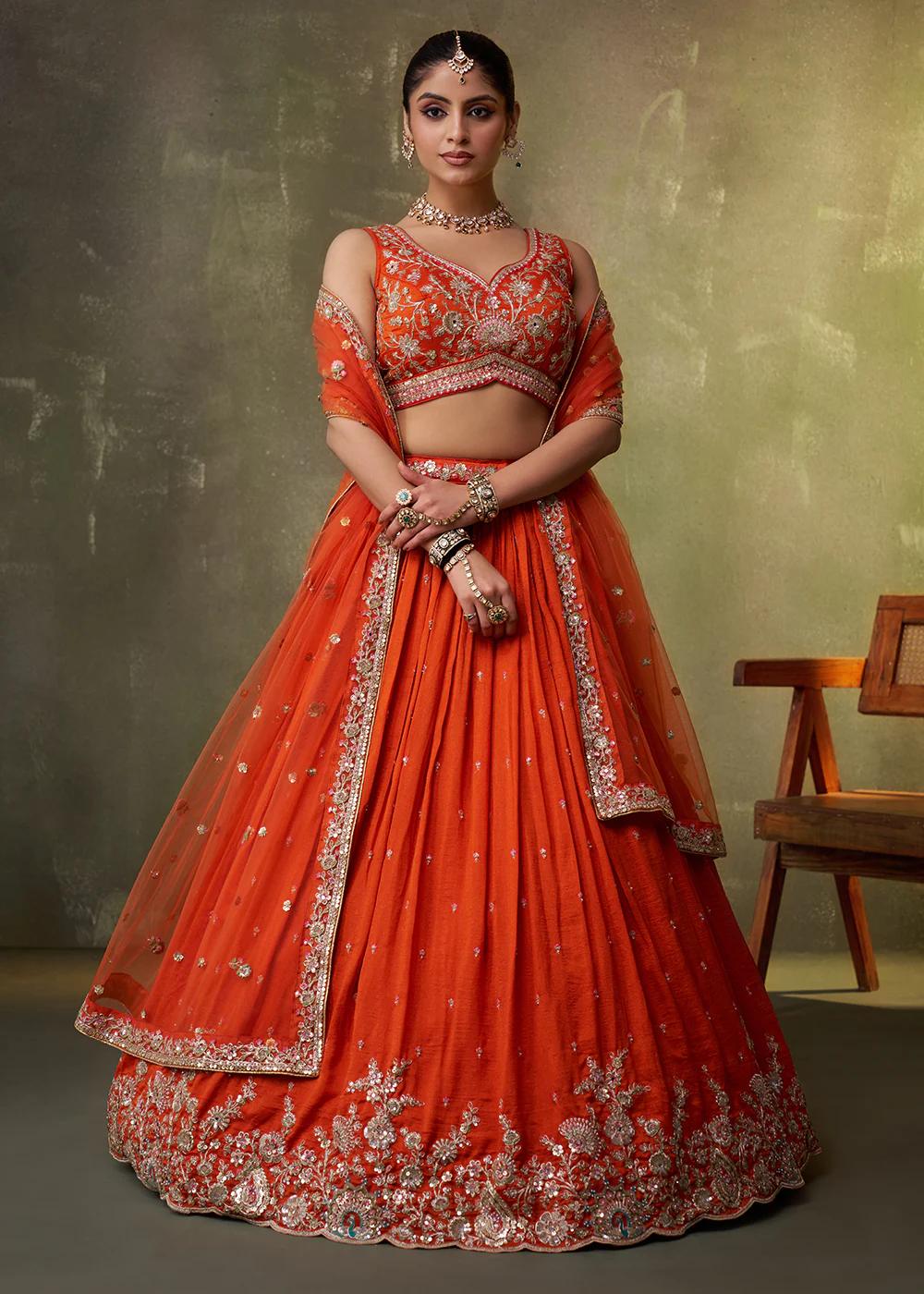 Orange Georgette Embroidered Wedding Lehenga Choli - Image 4