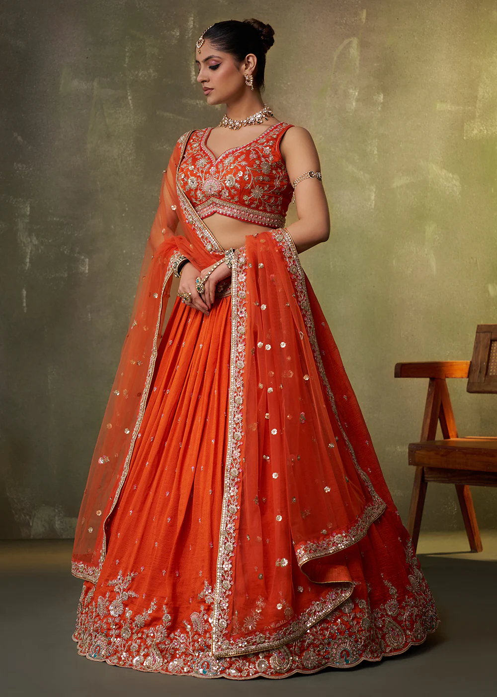 Orange Georgette Embroidered Wedding Lehenga Choli - Image 5