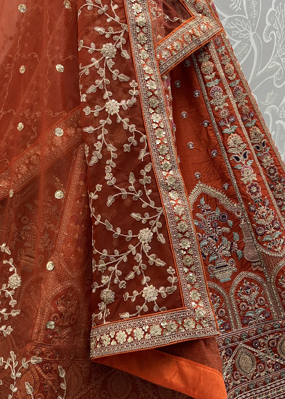 Orange Ghadwal Silk Premium Embroidered Lehenga Choli - Image 8