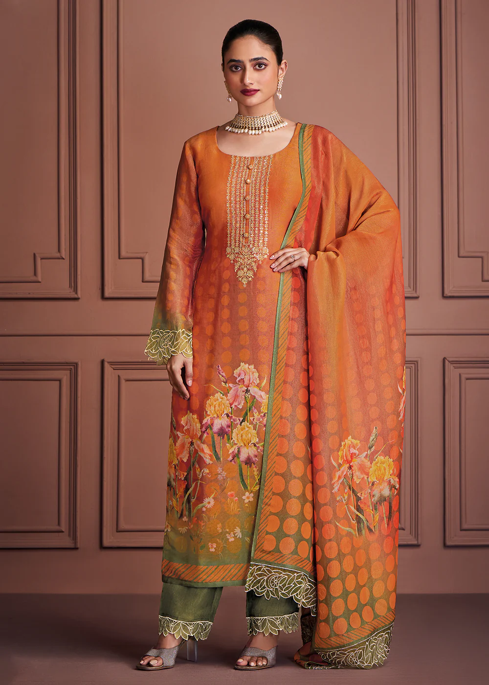 Orange & Green Muslin Festive Style Salwar Suit