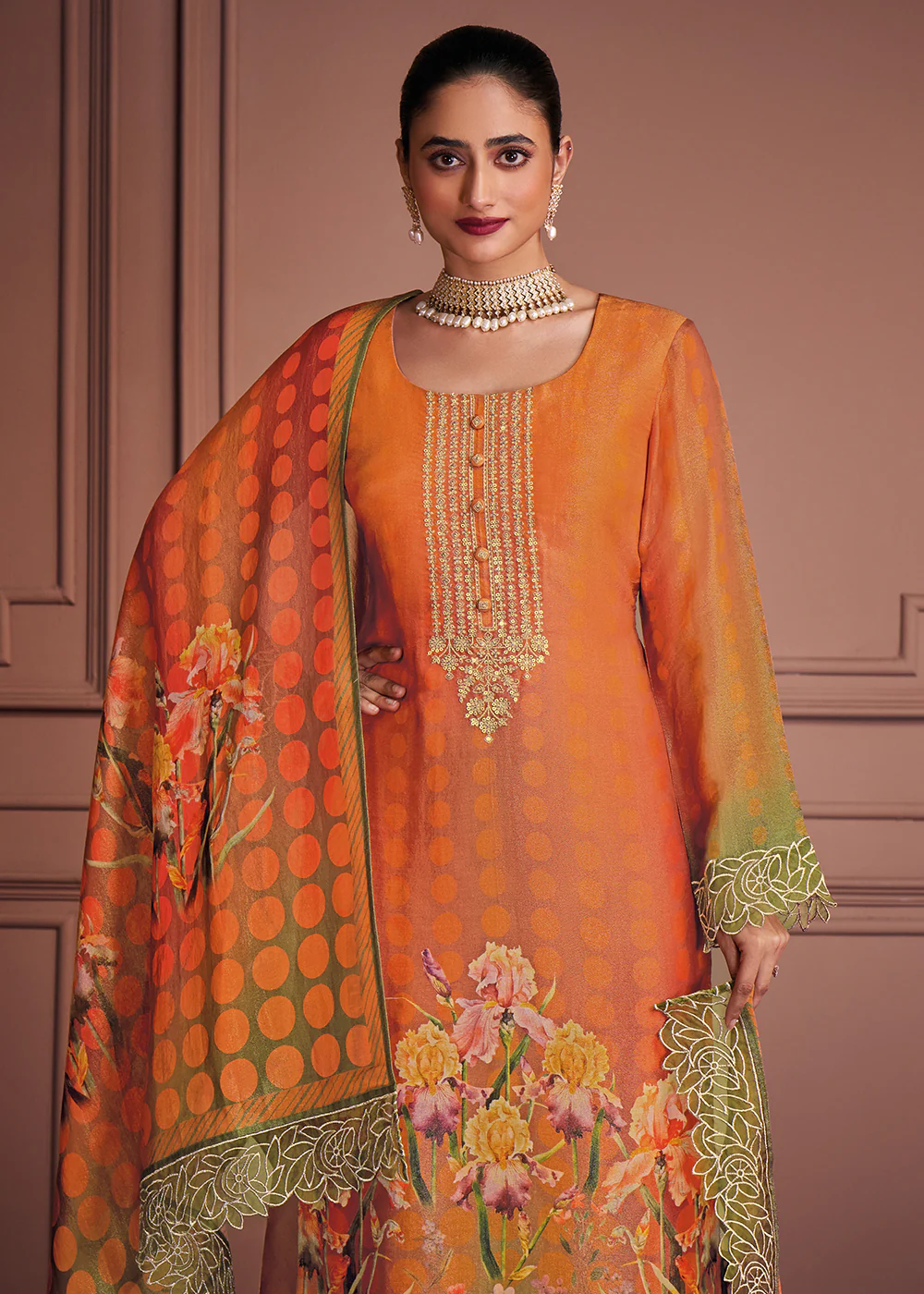 Orange & Green Muslin Festive Style Salwar Suit - Image 2