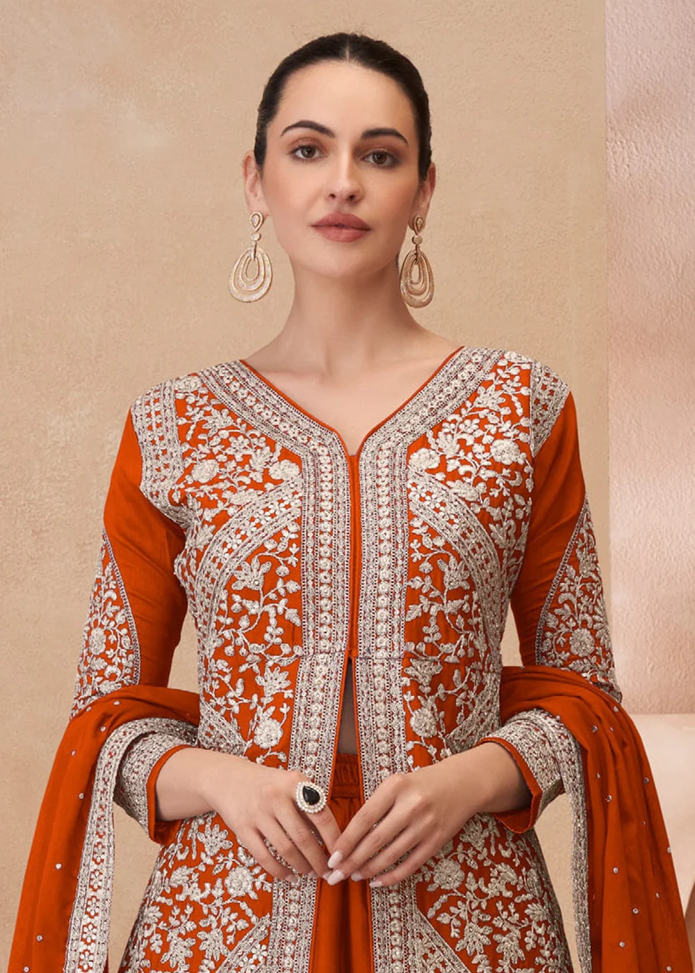 Orange Heavy Embroidered Pakistani Style Lehenga Choli - Image 2