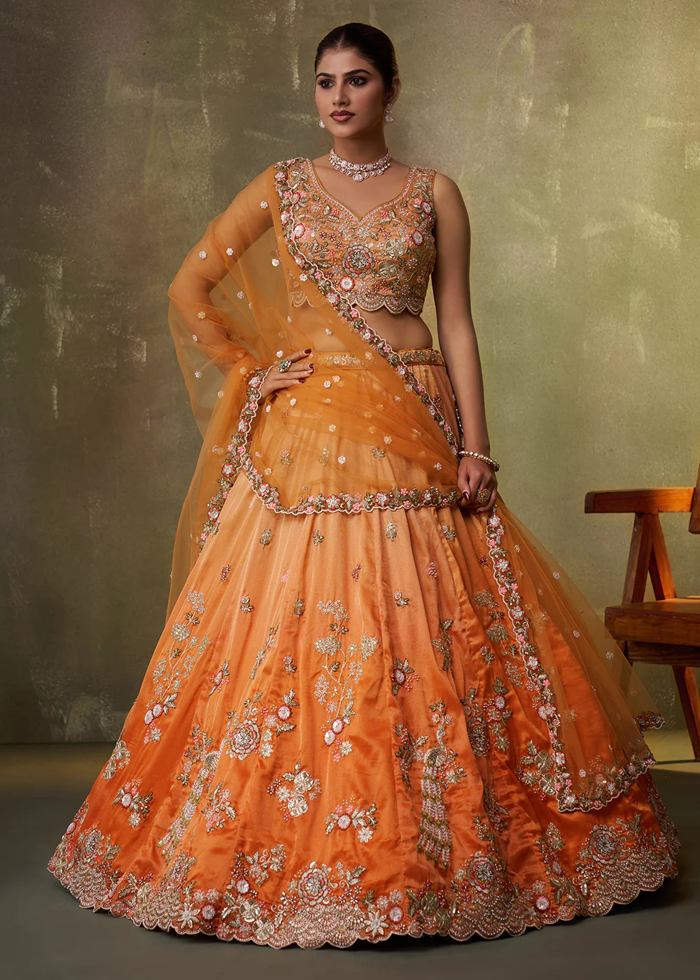 Orange Heavy Tissue Pre Wedding Party Lehenga Choli