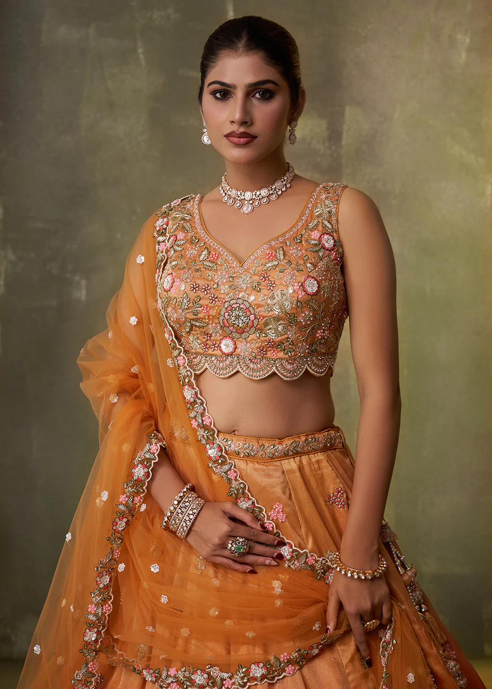 Orange Heavy Tissue Pre Wedding Party Lehenga Choli - Image 2