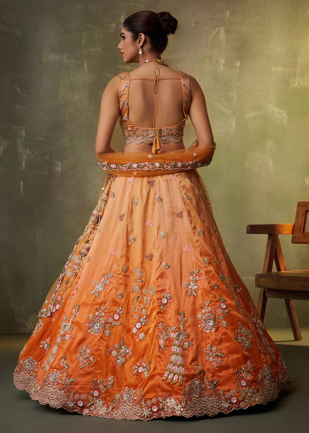 Orange Heavy Tissue Pre Wedding Party Lehenga Choli - Image 3