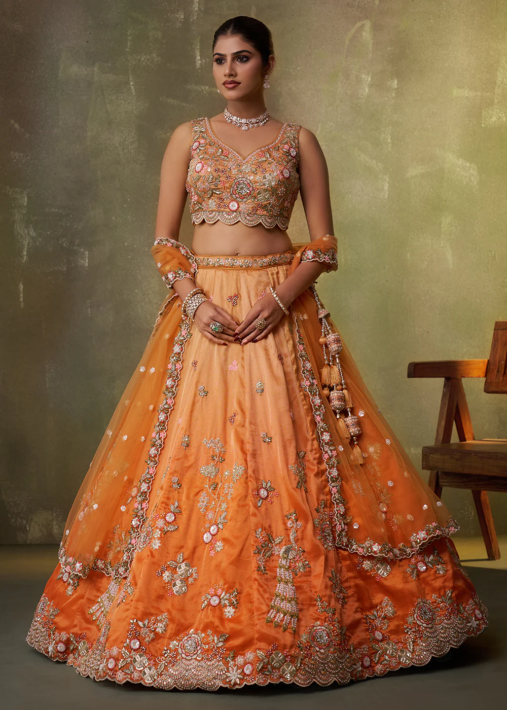 Orange Heavy Tissue Pre Wedding Party Lehenga Choli - Image 4