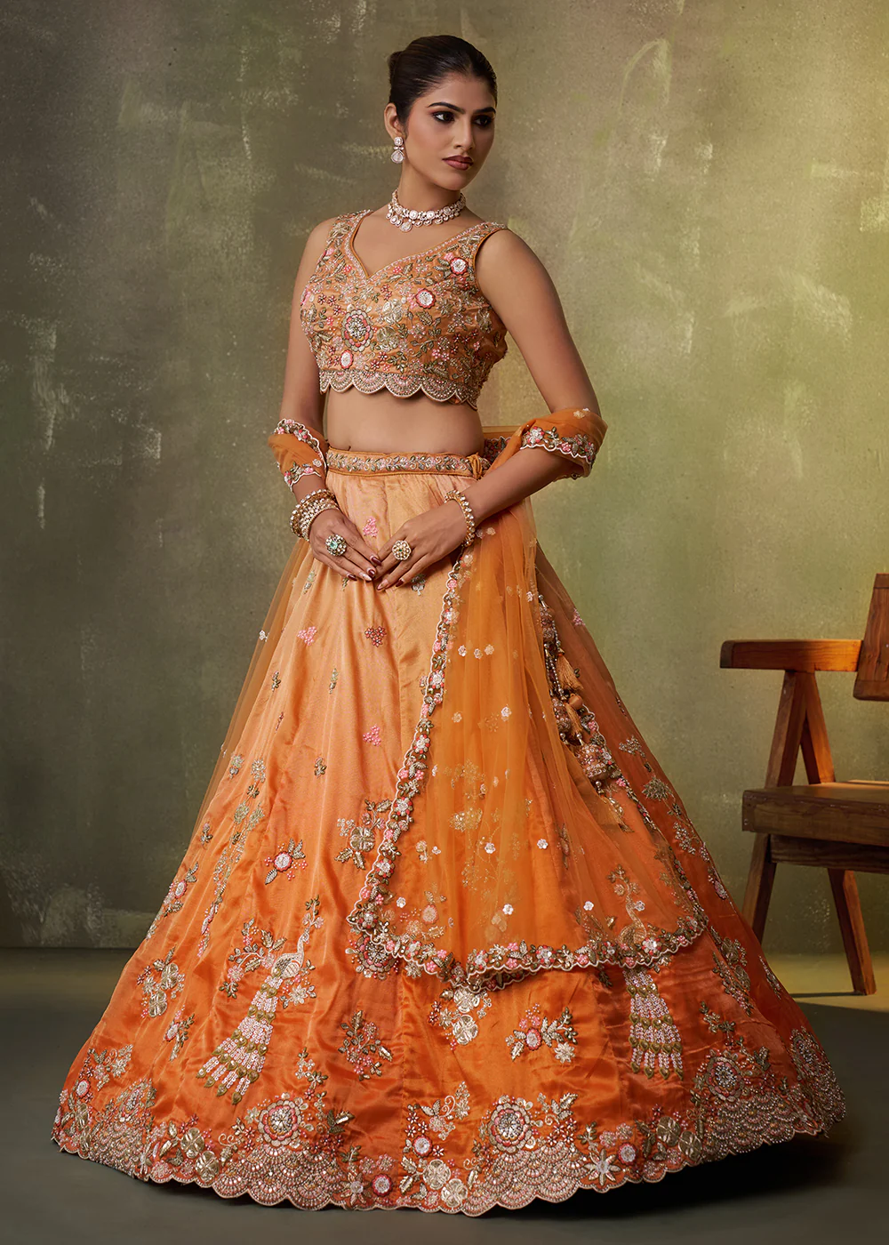 Orange Heavy Tissue Pre Wedding Party Lehenga Choli - Image 5
