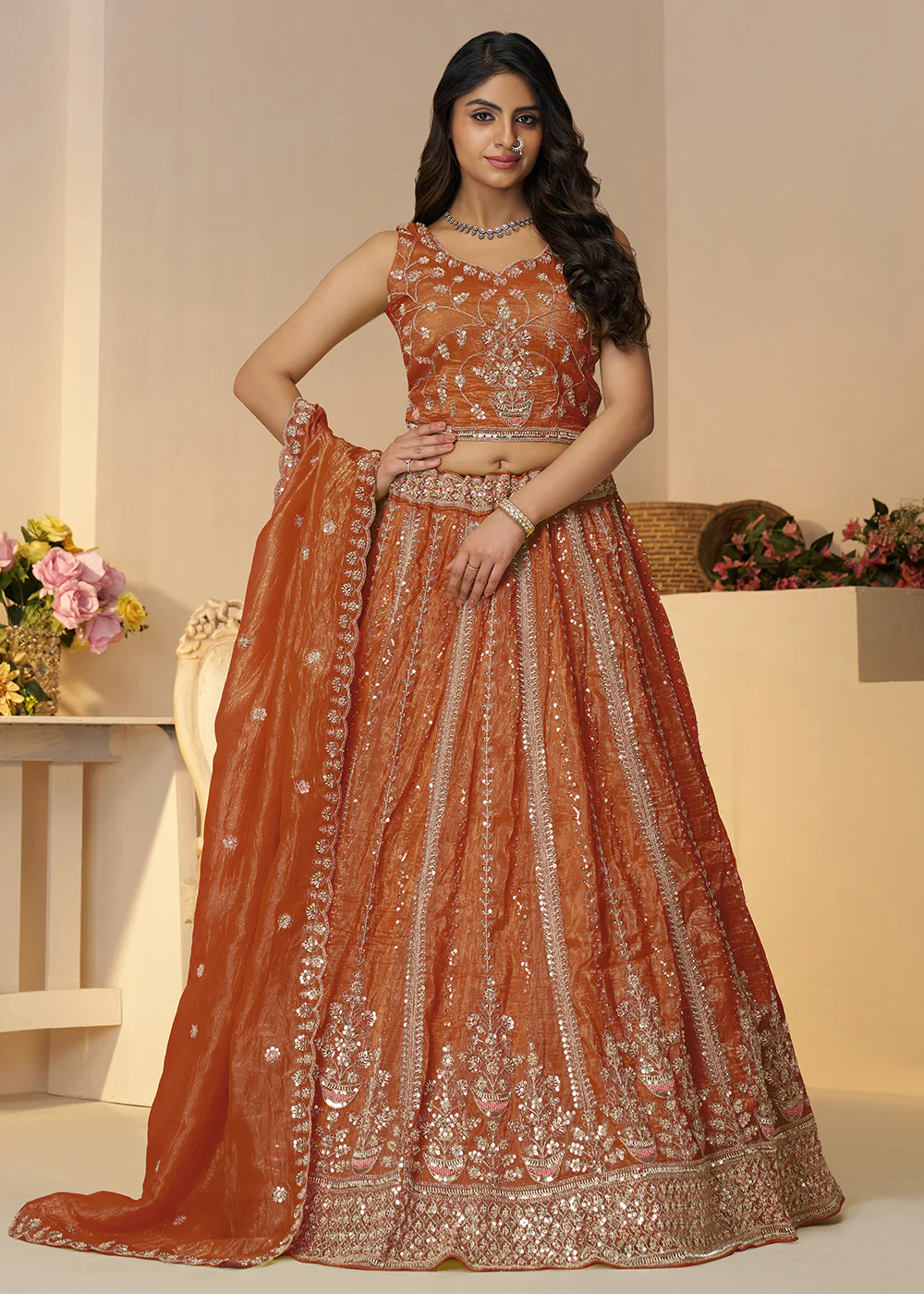 Orange Jimmy Choo Material Wedding Festive Lehenga Choli