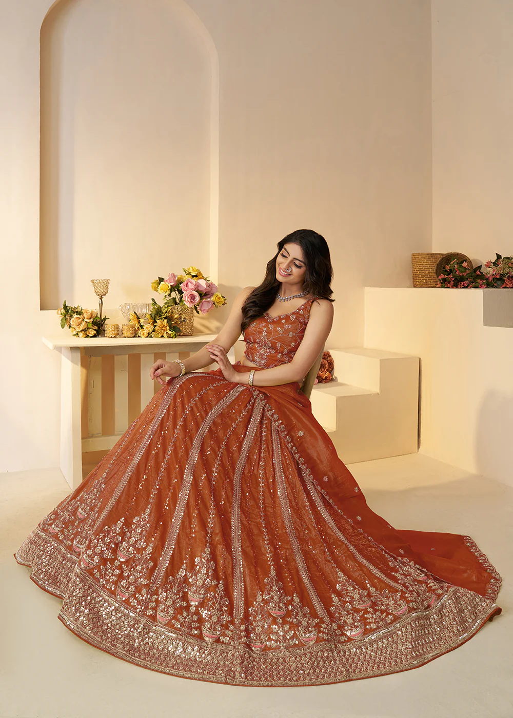 Orange Jimmy Choo Material Wedding Festive Lehenga Choli - Image 4