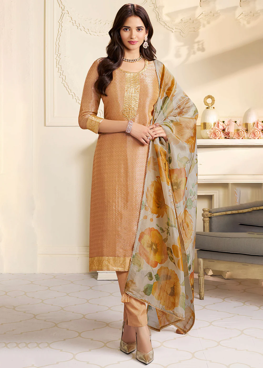 Orange Kanchipuram Silk Embroidered Pant Style Suit