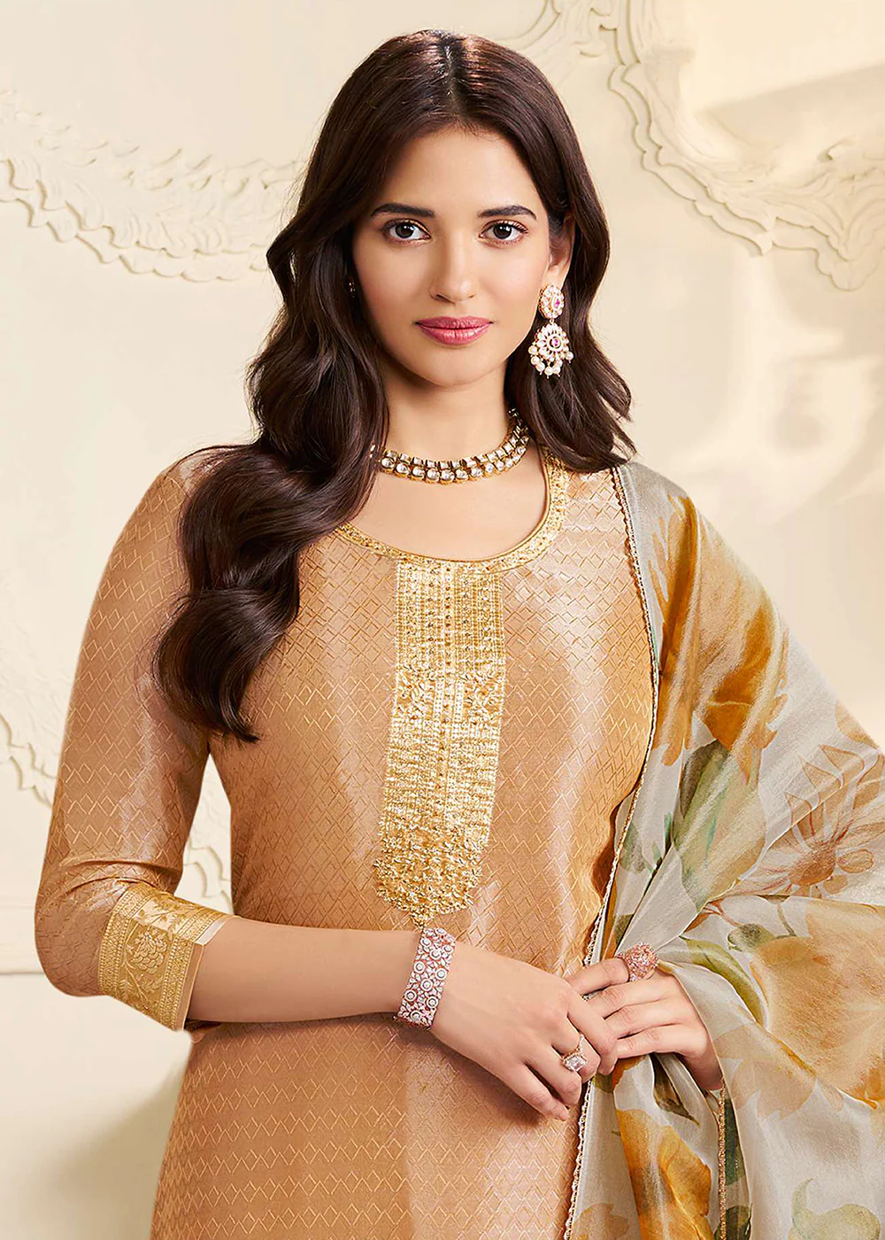 Orange Kanchipuram Silk Embroidered Pant Style Suit - Image 2