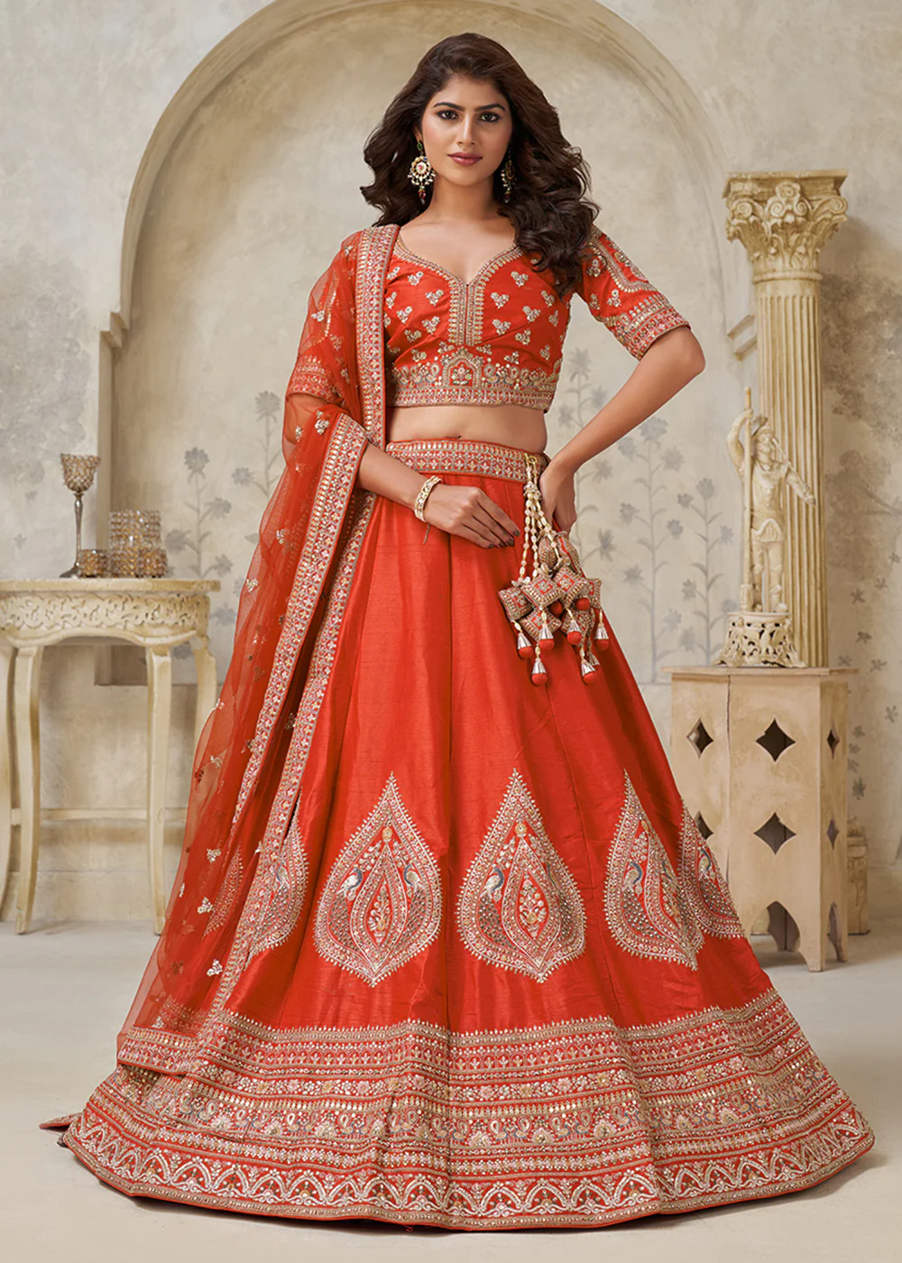 Orange Leaf Motifs Embroidered Wedding Lehenga Choli