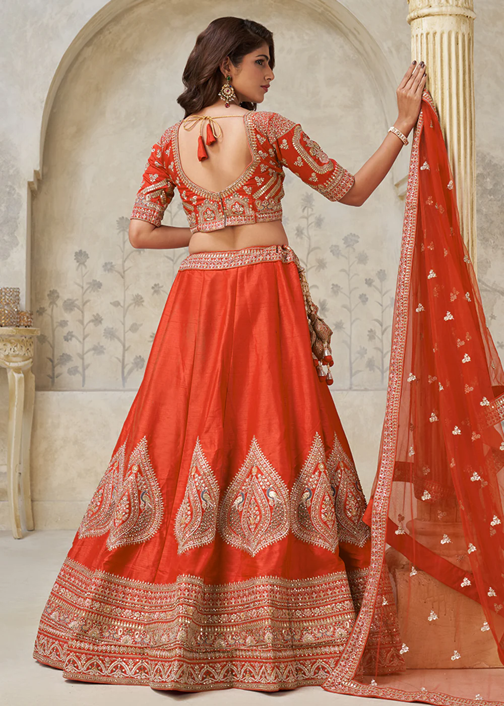 Orange Leaf Motifs Embroidered Wedding Lehenga Choli - Image 3