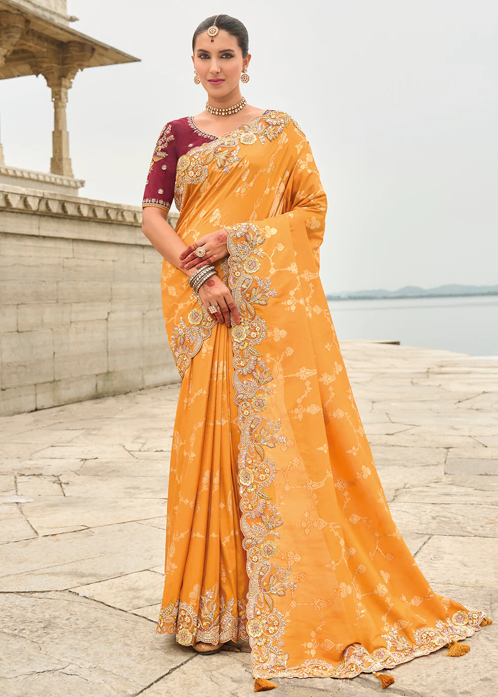 Orange Maroon Viscose Tissue Silk Designer Saree