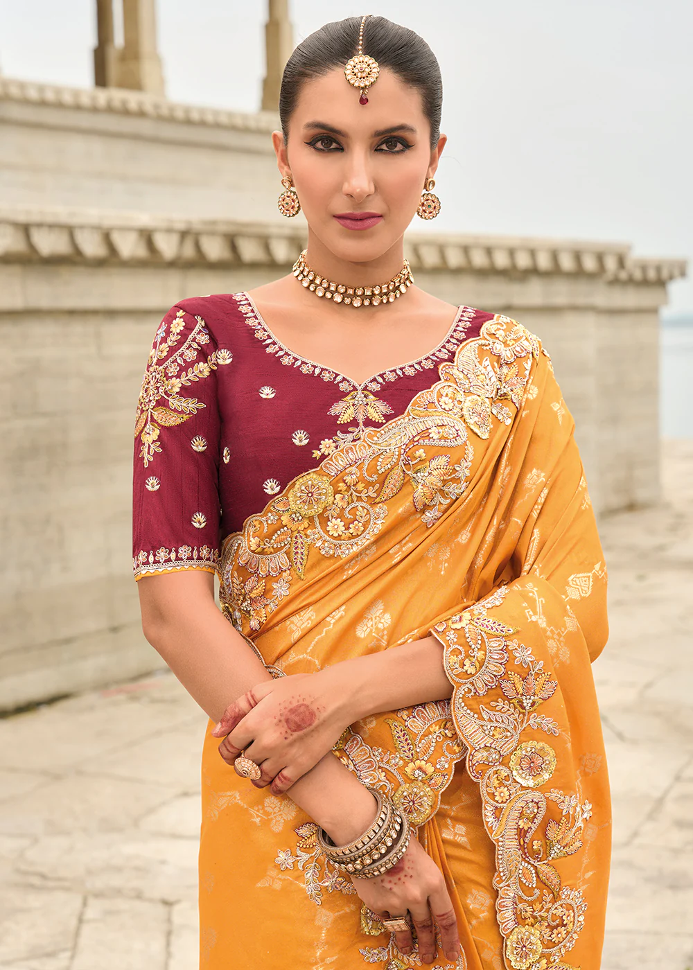 Orange Maroon Viscose Tissue Silk Designer Saree - Image 2