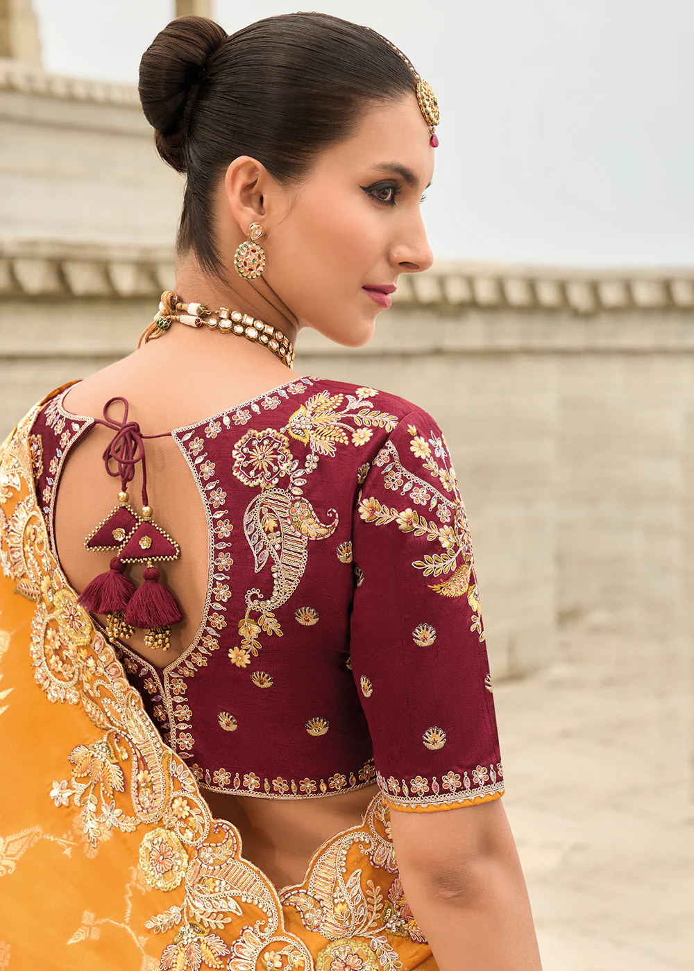 Orange Maroon Viscose Tissue Silk Designer Saree - Image 3