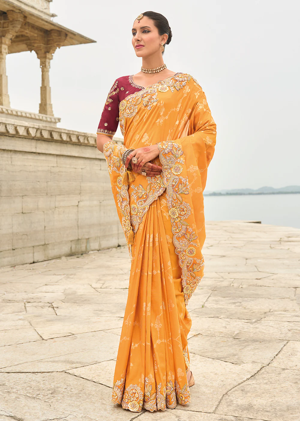 Orange Maroon Viscose Tissue Silk Designer Saree - Image 4