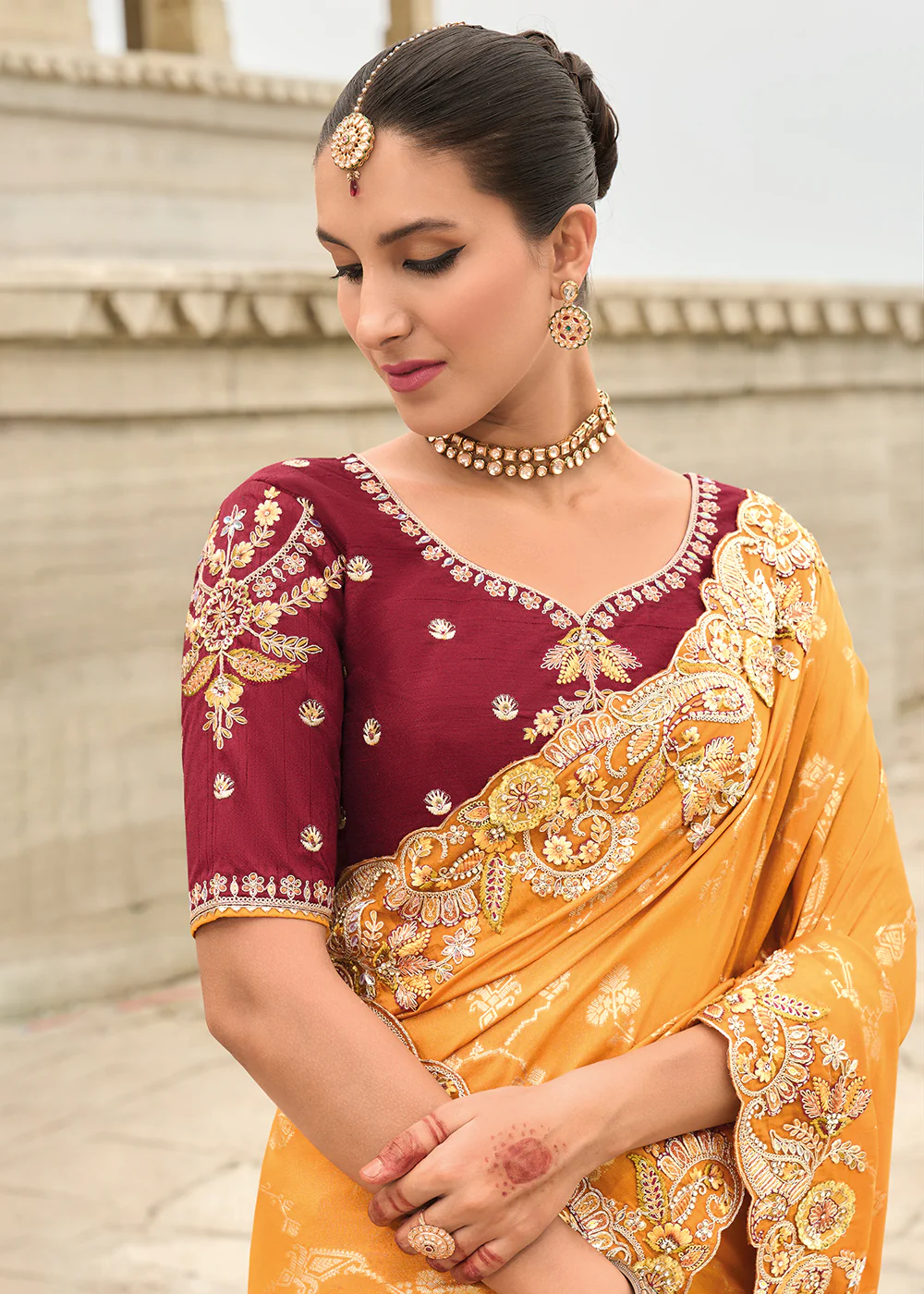 Orange Maroon Viscose Tissue Silk Designer Saree - Image 5