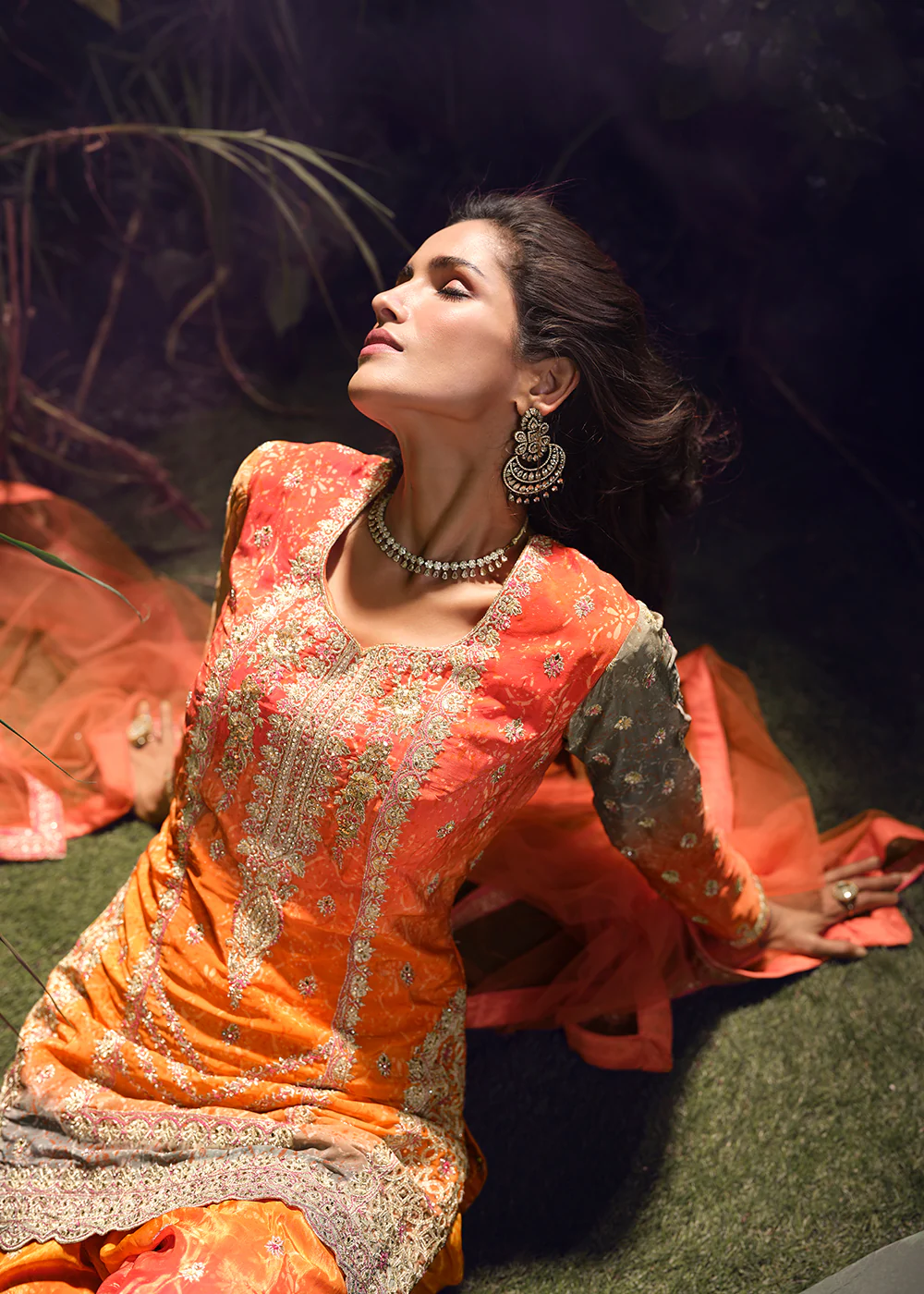 Orange Mirror & Hand Worked Wedding Sharara Suit - Image 3