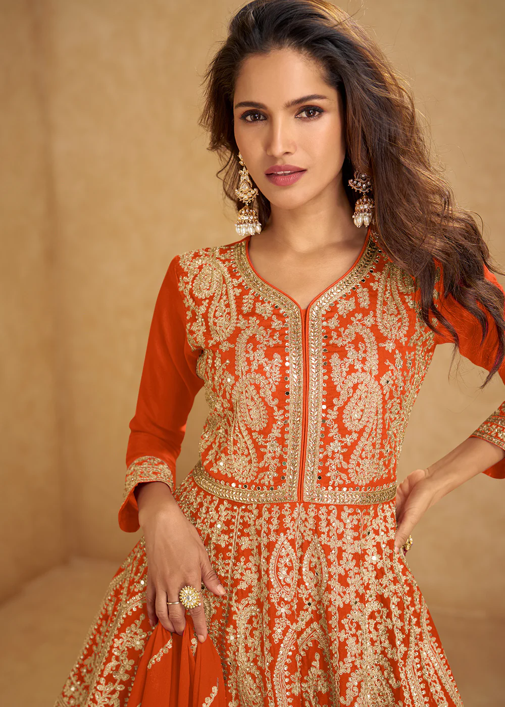 Orange Mirror & Sequins Embroidered Festive Lehenga Skirt Suit - Image 2