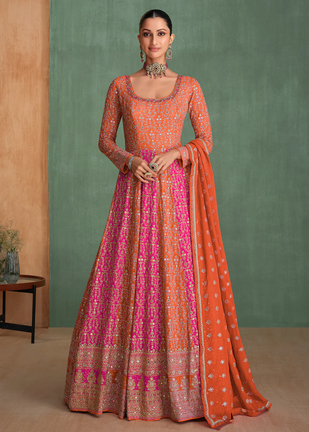 Orange Multi Embroidered Wedding Festive Anarkali Gown