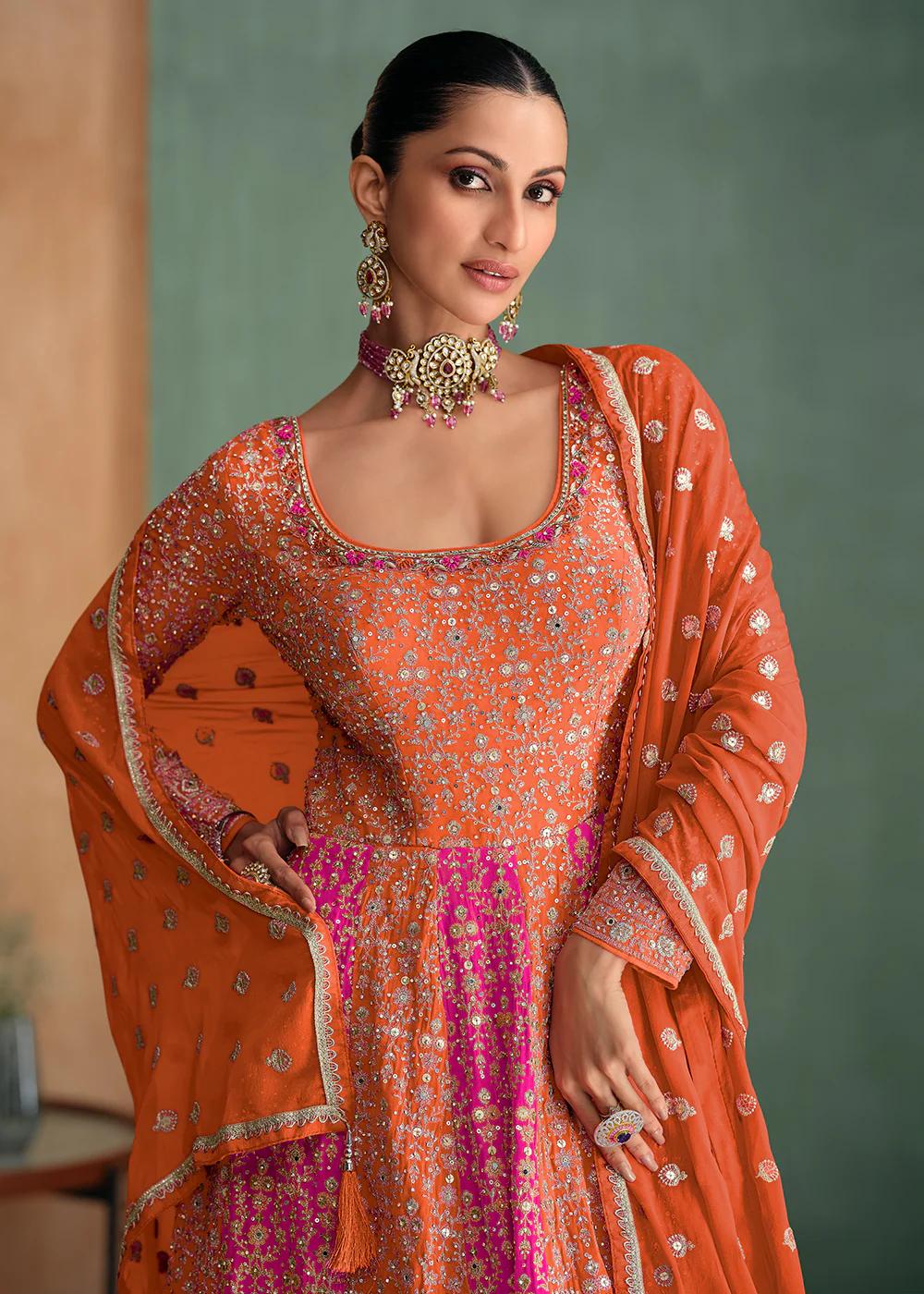 Orange Multi Embroidered Wedding Festive Anarkali Gown - Image 2