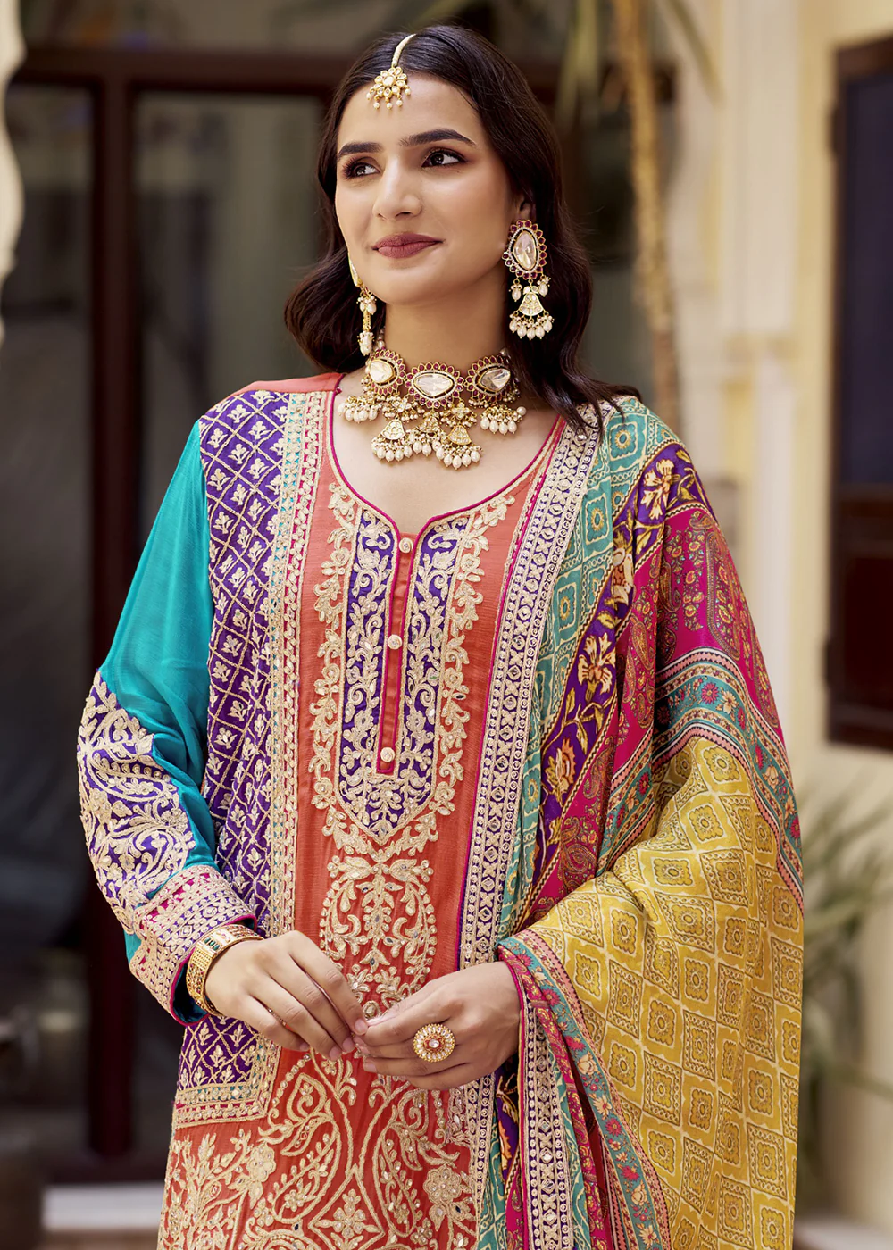 Orange Multicolor Fancy Embroidered Gharara Style Suit - Image 2