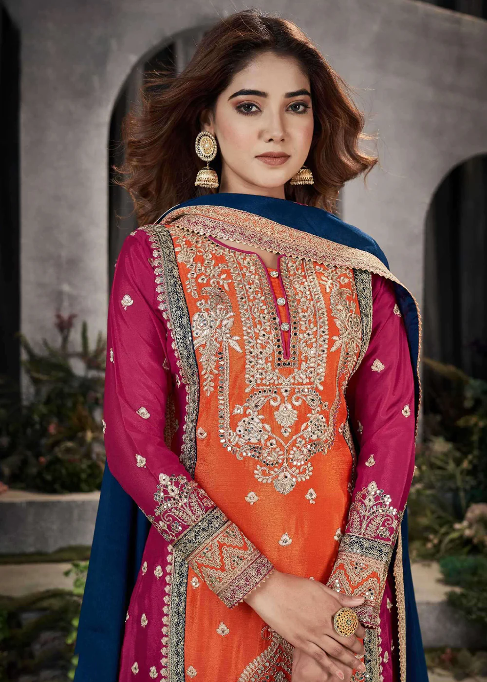 Orange Multicolor Mirror Embroidered Punjabi Style Palazzo Suit - Image 2