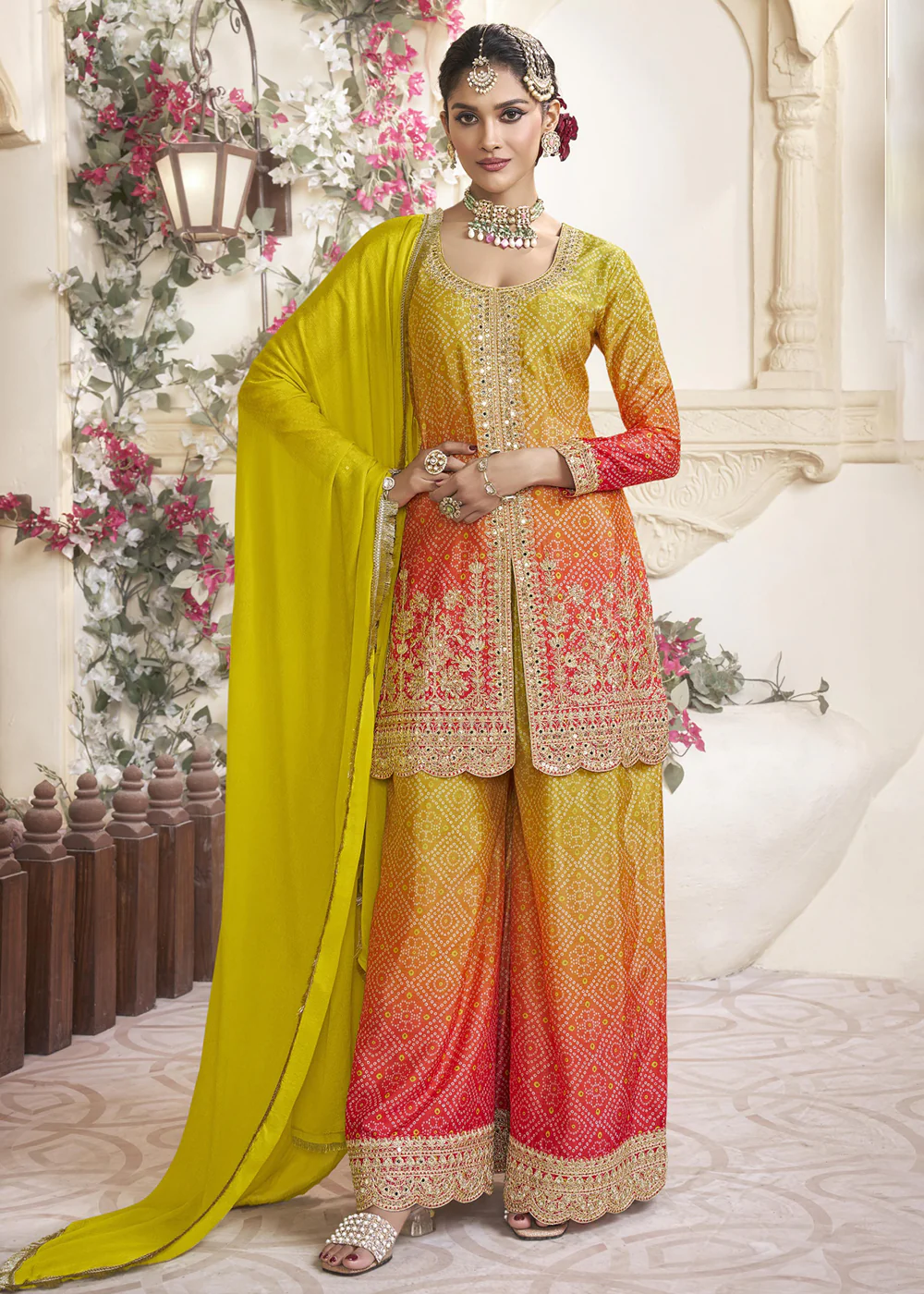 Orange Ombre Pure Chinnon Wedding Festive Palazzo Suit