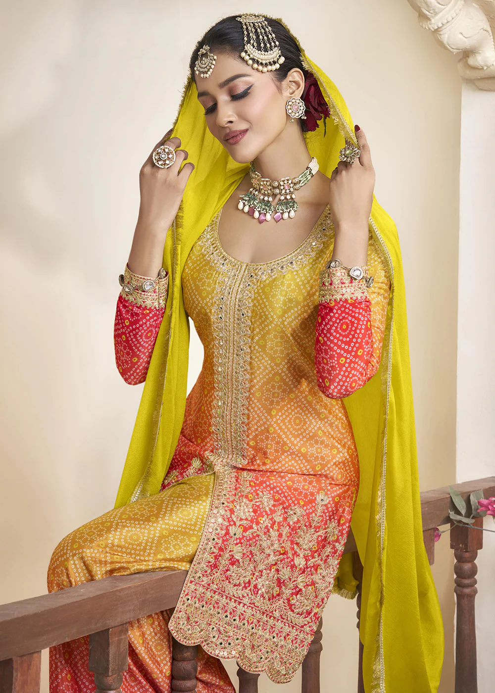 Orange Ombre Pure Chinnon Wedding Festive Palazzo Suit - Image 2