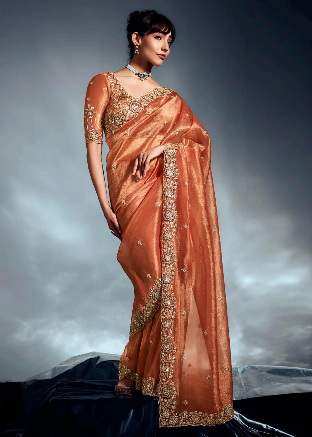 Orange Organza Khatli Work Designer Party Saree