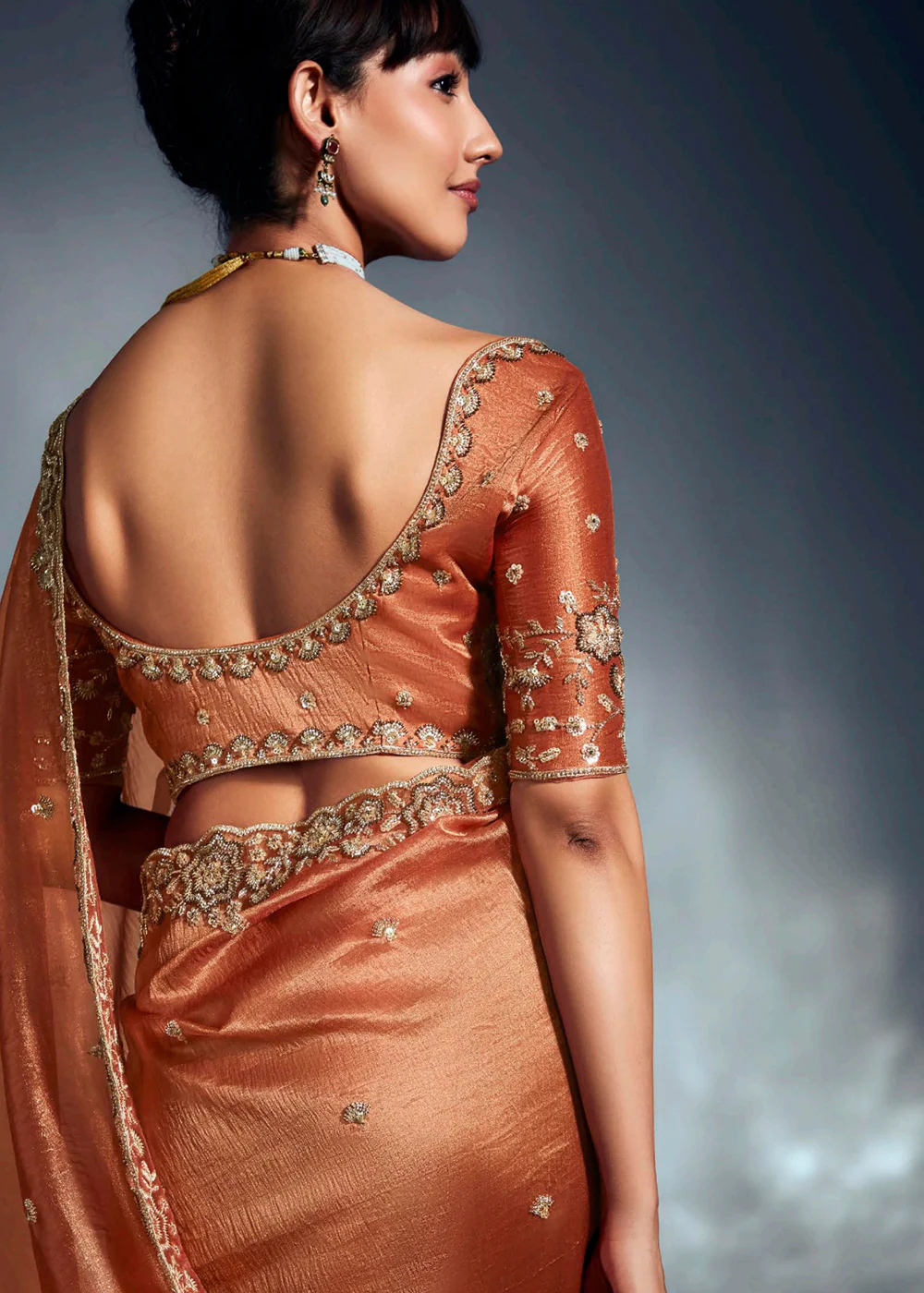 Orange Organza Khatli Work Designer Party Saree - Image 3