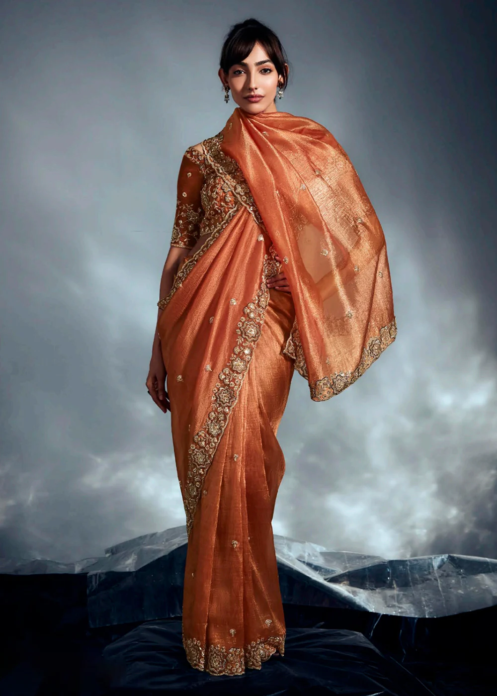 Orange Organza Khatli Work Designer Party Saree - Image 4
