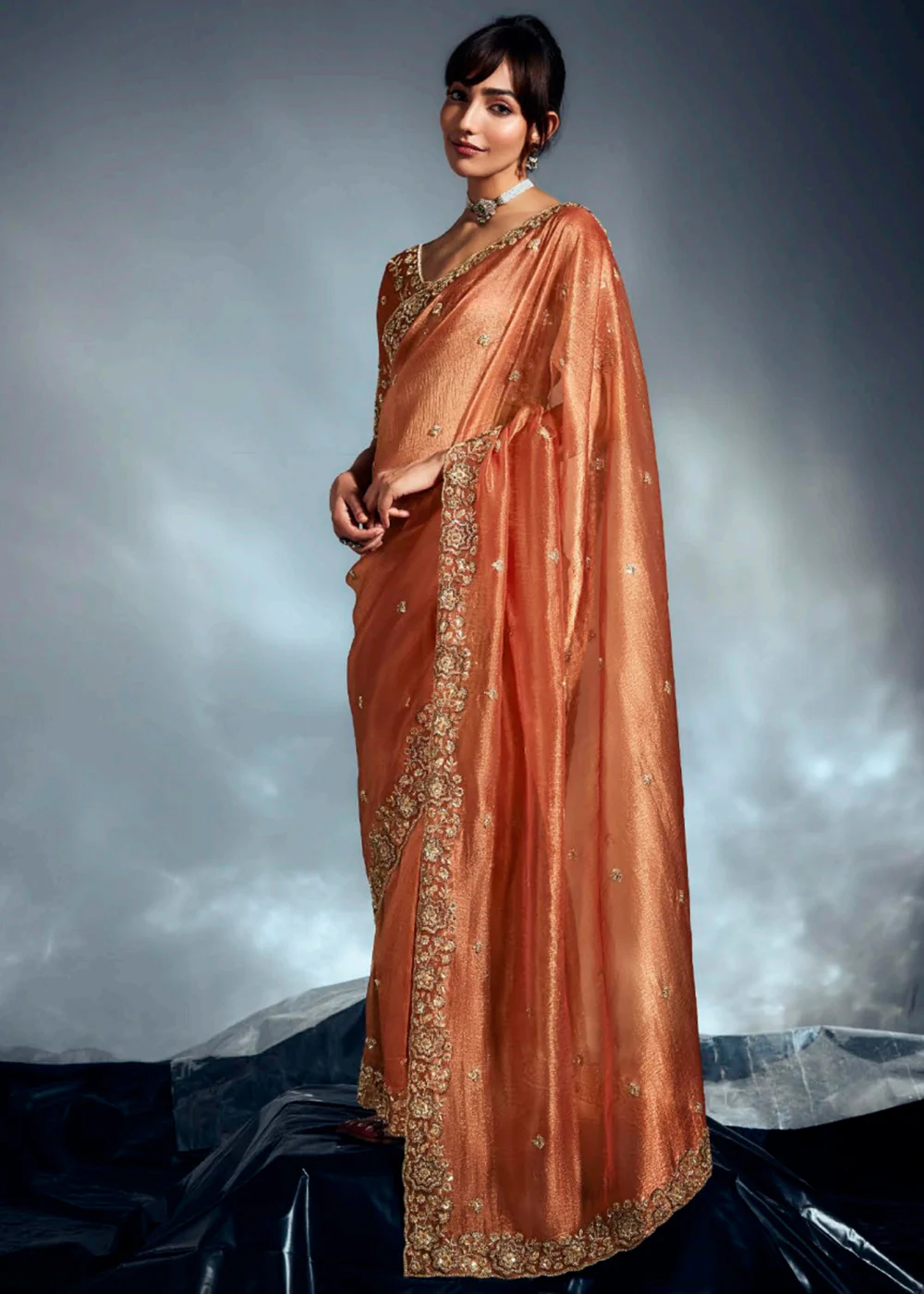 Orange Organza Khatli Work Designer Party Saree - Image 5