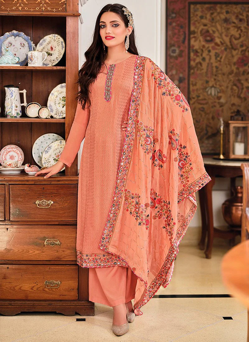Orange Peach Punjabi Style Straight Cut Palazzo Suit