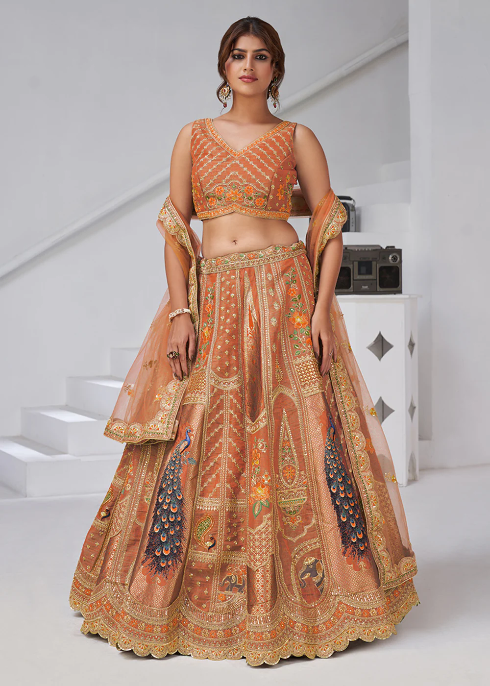 Orange Peacock Feather Motifs Traditional Lehenga Choli