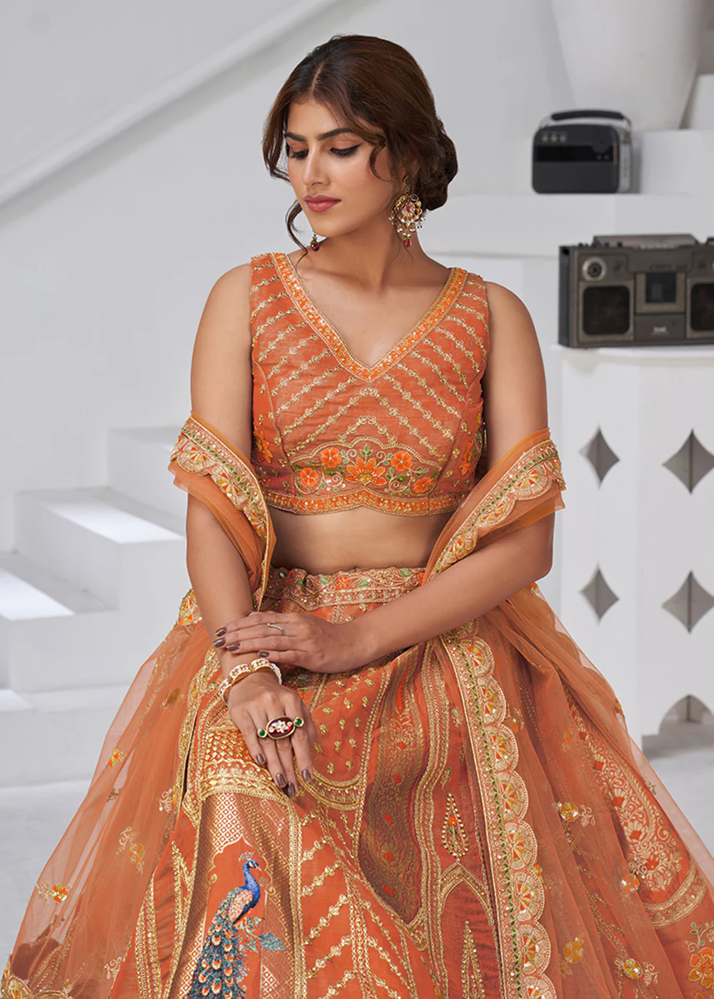 Orange Peacock Feather Motifs Traditional Lehenga Choli - Image 2