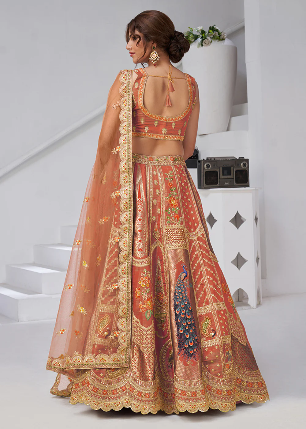 Orange Peacock Feather Motifs Traditional Lehenga Choli - Image 3