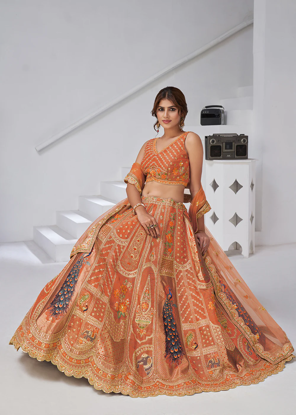 Orange Peacock Feather Motifs Traditional Lehenga Choli - Image 4