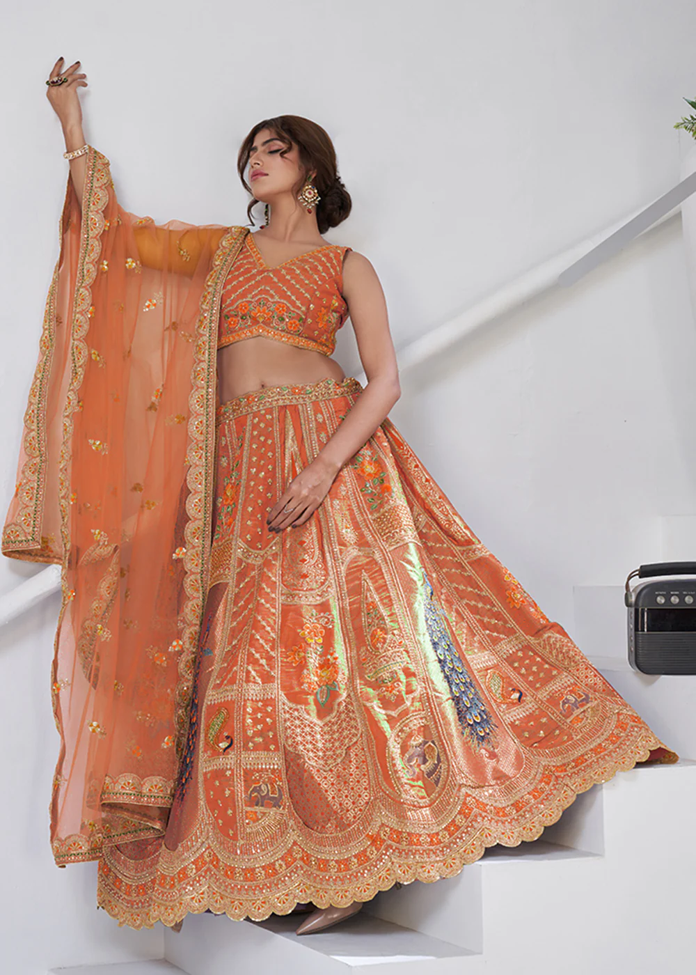 Orange Peacock Feather Motifs Traditional Lehenga Choli - Image 5