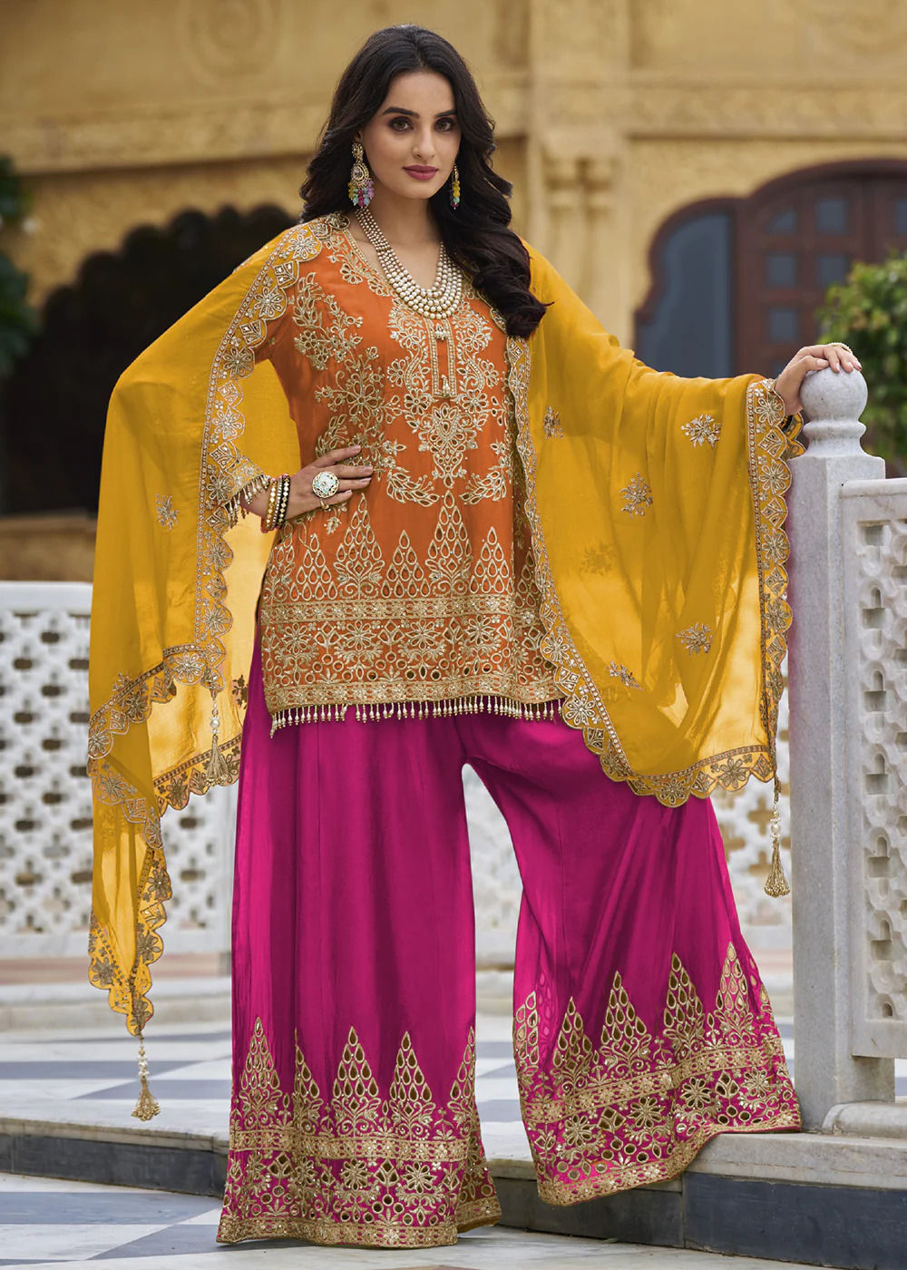 Orange & Pink Embroidered Punjabi Style Palazzo Suit