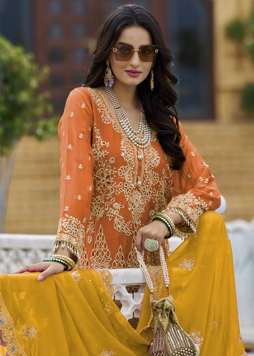 Orange & Pink Embroidered Punjabi Style Palazzo Suit - Image 2